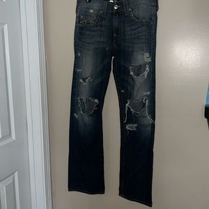 True Religion fashionably ripped denim men’s jeans, size 34 waist/ 32 length